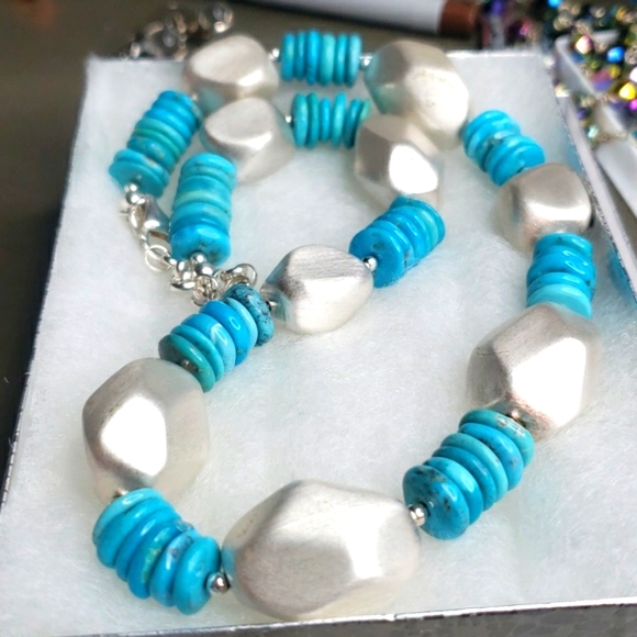 CA ITALY 925 TURQUOISE HEISHI STYLE & TEXTURED PUFFY BIG BEADS DESINGER NECKLACE - Picture 2 of 5